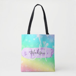 Tote Bag Monogramme Unicorn couleur Girly Rainbow Hearts