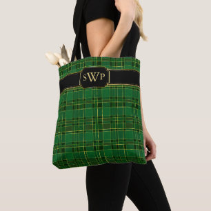 Tote Bag Monogramme vert de Noël plaqué or Tartan