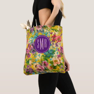 Tote Bag monogramme vintage jaune fleuri motif