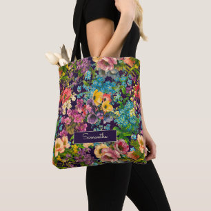 Tote Bag monogramme vintage motif noir fleuri violet