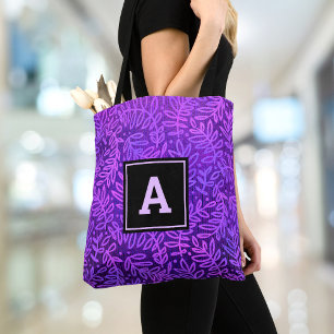 Tote Bag Monogramme violet ombre feuille motif audacieux mo