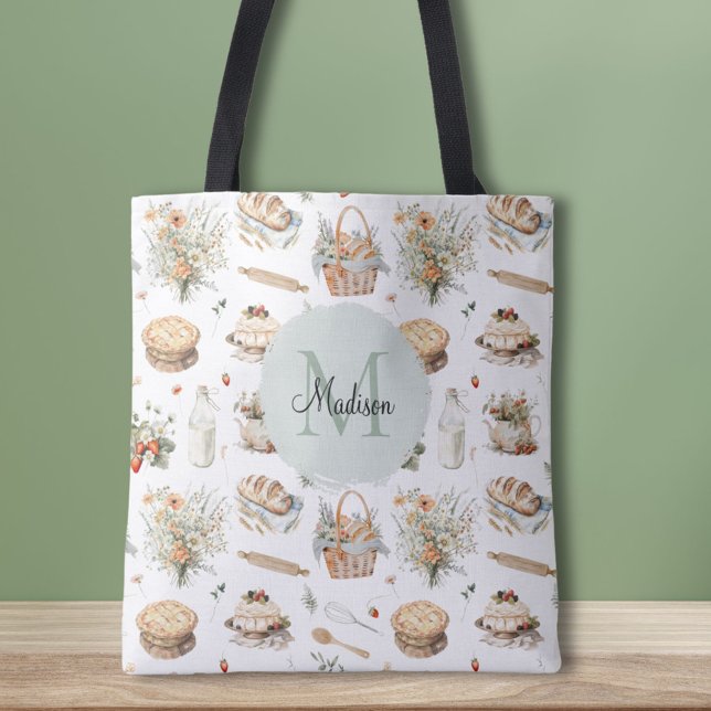 Tote Bag Monogramme Whimsical Floral Strawberry Country (In situ)
