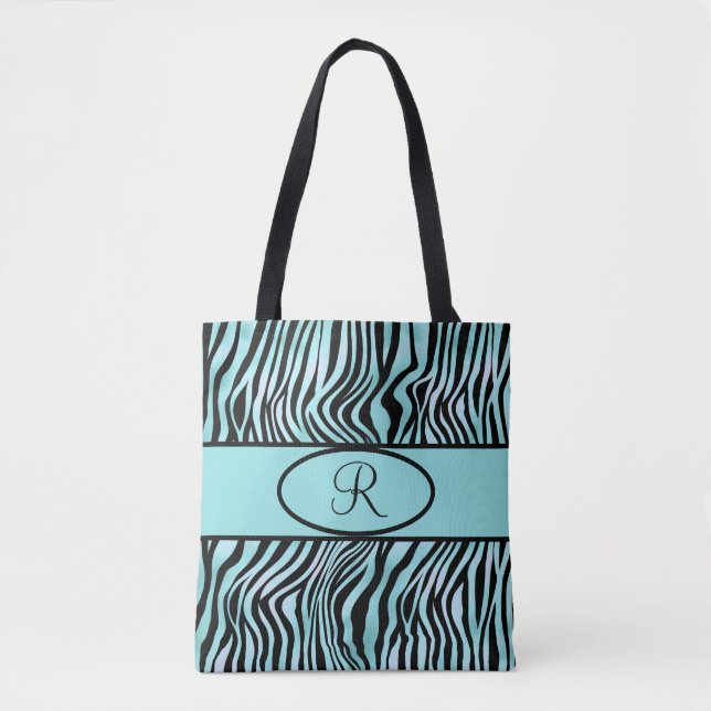 Tote Bag Monogramme Zebra Stripe Turquoise Turquoise et Noi (Devant)