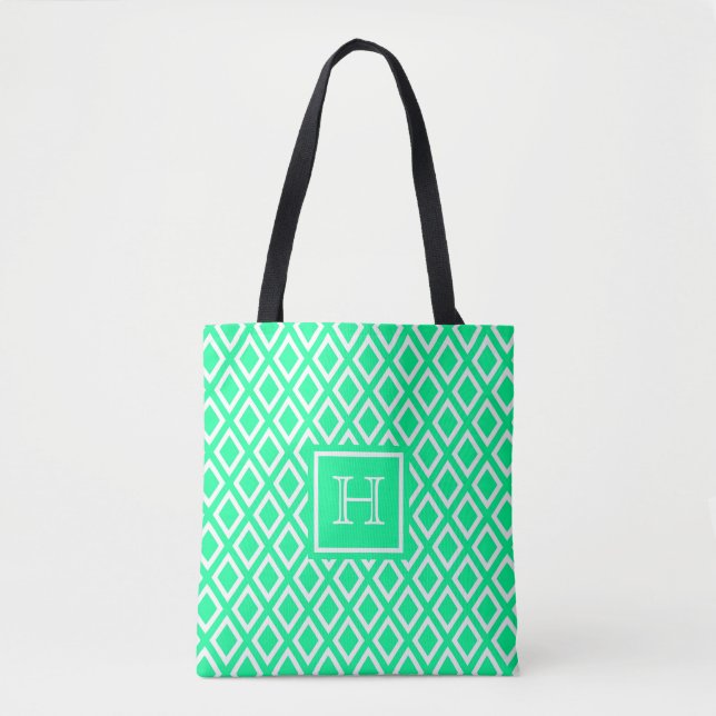 Tote Bag Monographie du motif de diamant vert à la menthe (Devant)