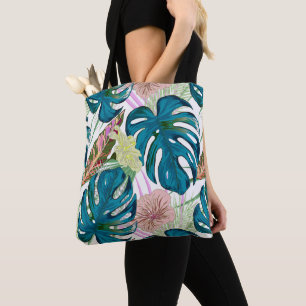 Tote Bag Monstera turquoise foncé, pêche et jaune délicats