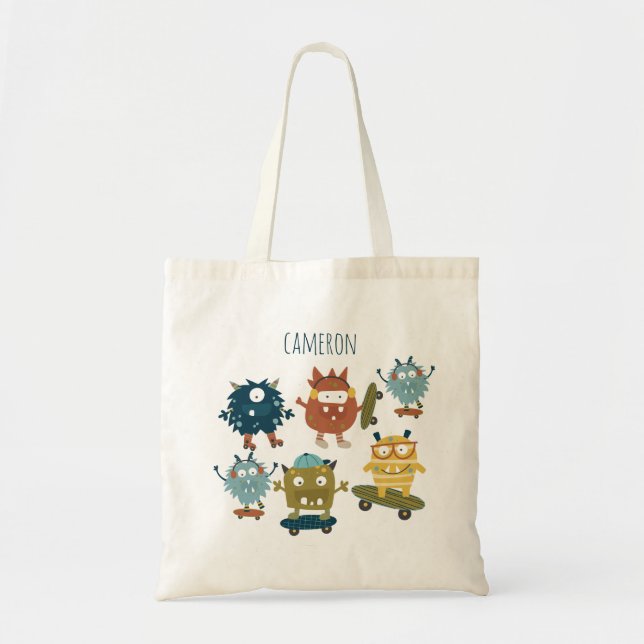 Tote Bag Monstres de skateboard Cute Nom personnalisé (Devant)