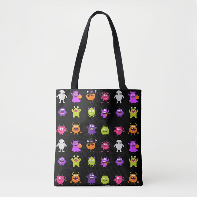 Tote Bag Monstres d'Halloween colorés sur noir (Devant)