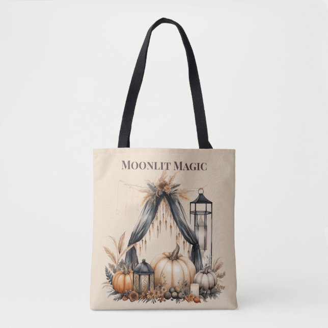 Tote Bag Moonlit Magic Boho Crâne & Citrouille - Sorcière d (Devant)