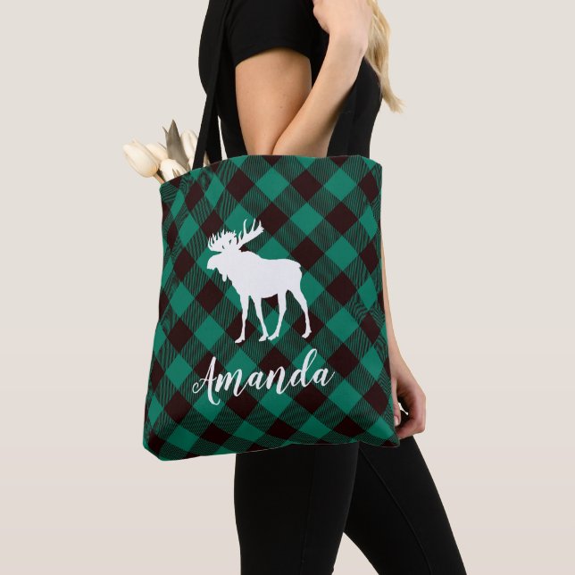 Tote Bag Moose et Buffalo Green Plaid Motif Noël (De près)