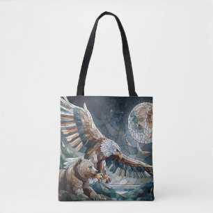 Tote Bag Mosaic Ai Art Ours Brown et Pleine lune d'aigle