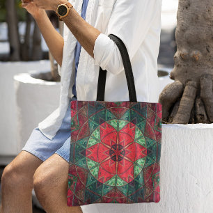Tote Bag Mosaic Kaleidoscope Fleur Rouge et Turquoise