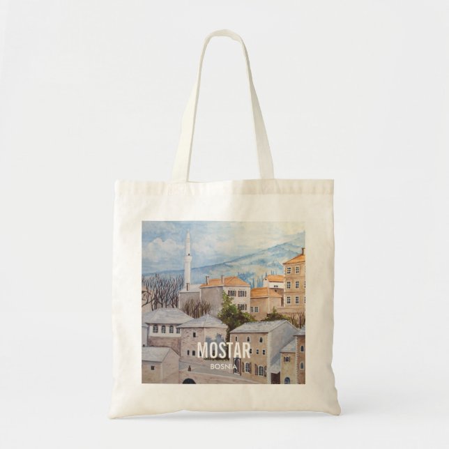 Tote Bag Mostar, Bosnie - Peinture Townscape Acrylique (Devant)