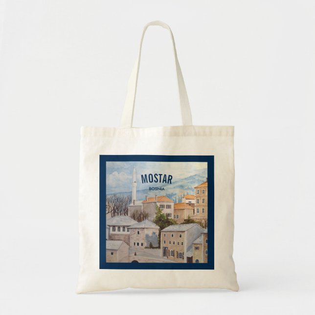 Tote Bag Mostar, Bosnie - Peinture Townscape Acrylique (Devant)