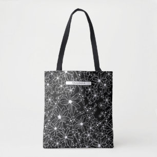 Tote Bag Motif à fleurs à main avec nom noir et blanc