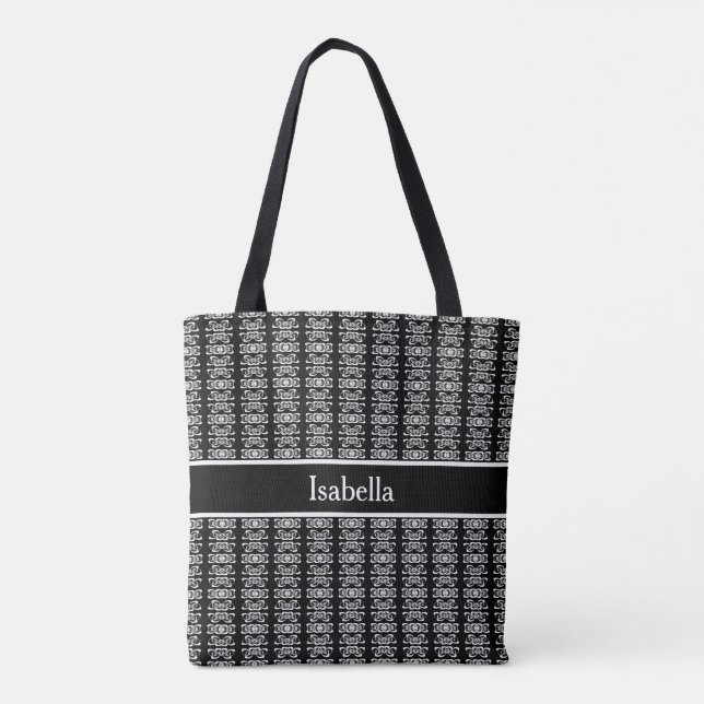Tote Bag Motif à rayures blanches et chic sur noir (Dos)