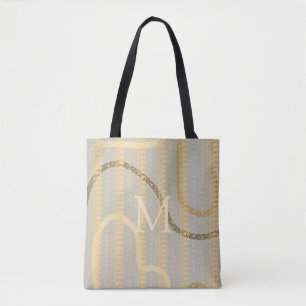 Tote Bag Motif Abstrait Monogrammé Crème Gris Or