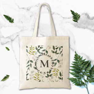 Tote Bag Motif aquarelle de feuilles vertes monogrammées