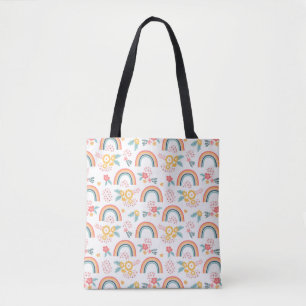 Tote Bag Motif arc-en-ciel fleuri coloré