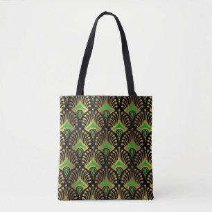 Tote Bag Motif Art déco or et vert sur noir
