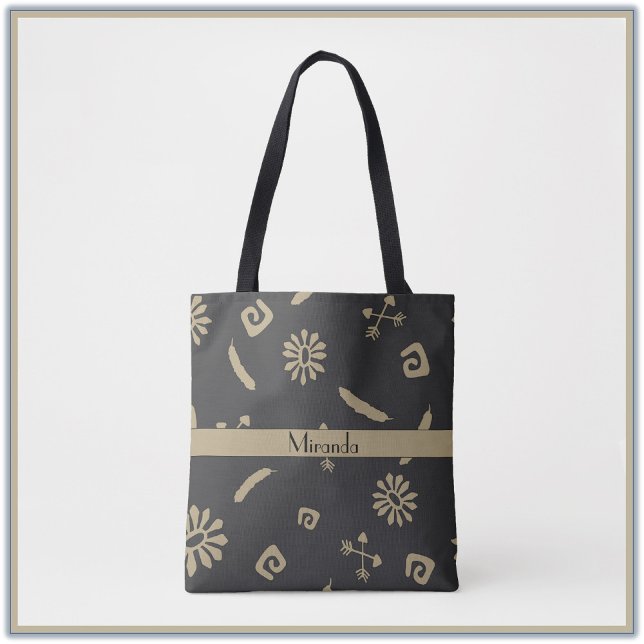 Tote Bag Motif autochtone d'Amérique tribale noire et beige (Créateur téléchargé)