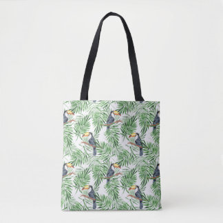 Tote Bag Motif avec toucan et feuilles de palmiers verts