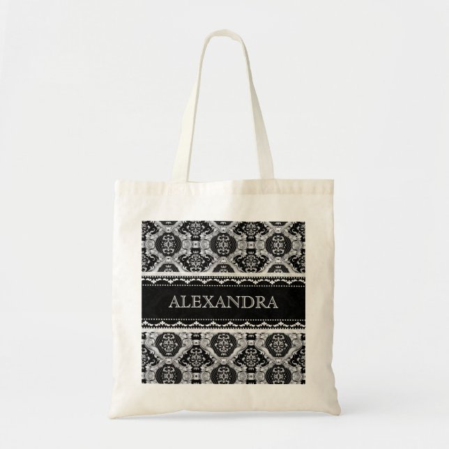 Tote Bag Motif baroque noir et blanc - Monogramme (Devant)