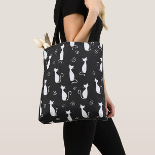 Tote Bag Motif blanc de chats sur le noir