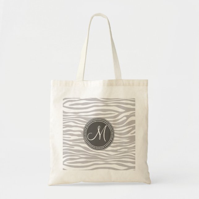 Tote Bag Motif blanc et gris de monogramme de zèbre (Devant)