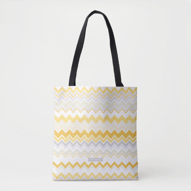Tote Bag Motif Chevron Ikat Jaune Nom Personnalisé (Devant)