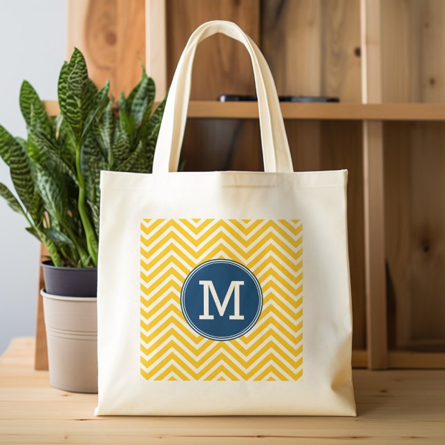 Tote Bag Motif Chevron jaune et bleu avec Monogramme (Personalized tote bag with monogram)