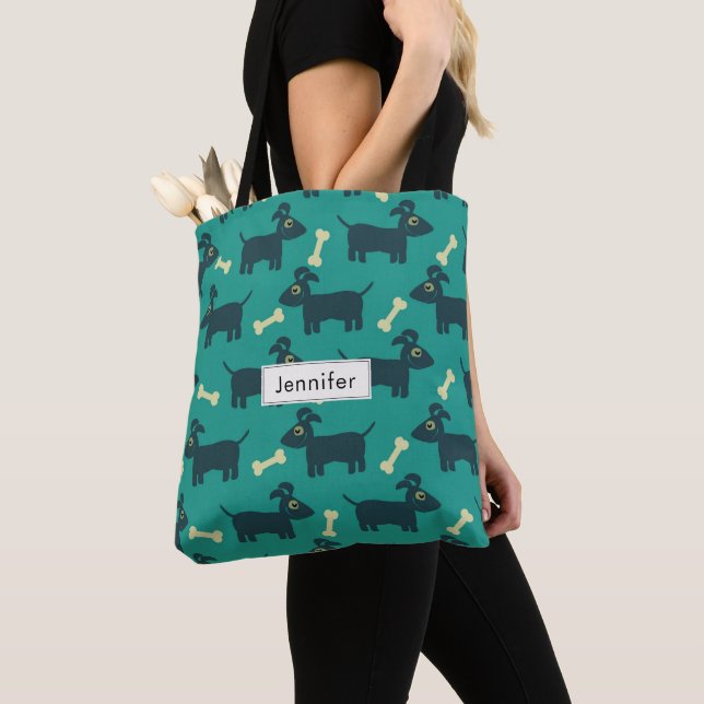 Tote Bag Motif chien mignon avec os sur Arrière - plan vert (De près)