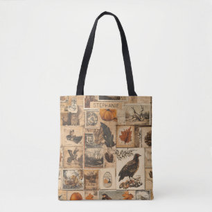 Tote Bag Motif Collage d'automne vintage Ephémère rustiqu