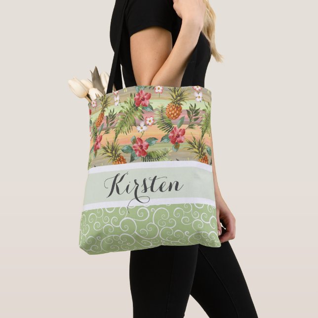 Tote Bag Motif coloré à fleur d'ananas tropical (De près)