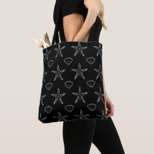 Tote Bag Motif Croquis Starfish Seashell en noir