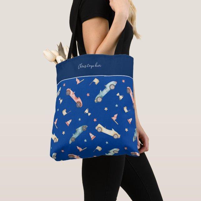 Tote Bag Motif d'aquarelle de la voiture Little Boy Racing  (De près)