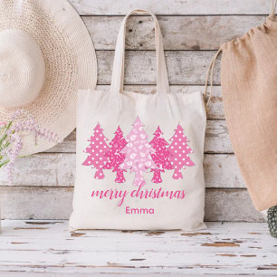 Tote Bag Motif d'arbre de Noël rose avec un nom élégant