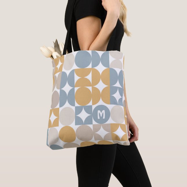 Tote Bag Motif d'art rétro gris gris bleu moutarde personna (De près)