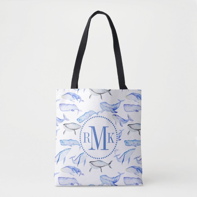 Tote Bag Motif de baleine bleue d'aquarelle (Devant)