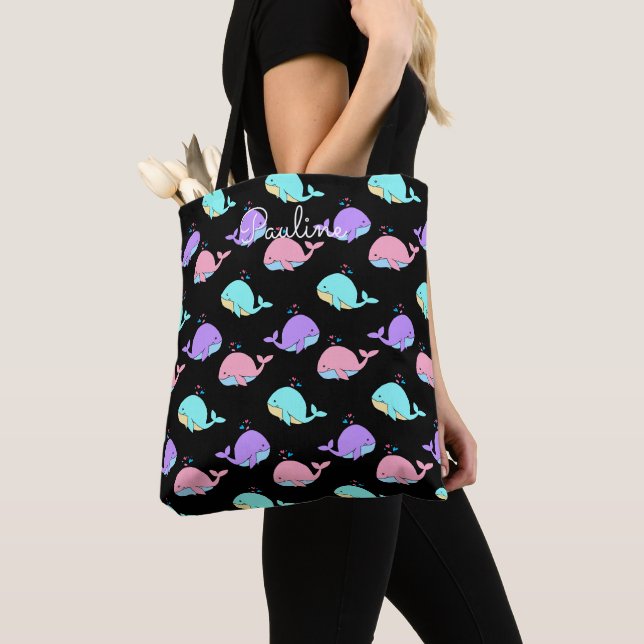 Tote Bag Motif de baleine de Kawaii Customisé noir (De près)