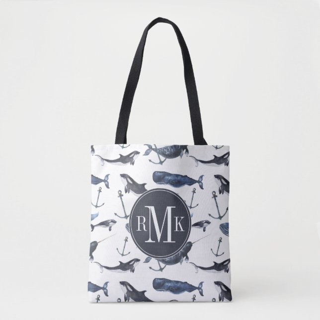 Tote Bag Motif de baleine et d'Ancre d'aquarelle (Devant)