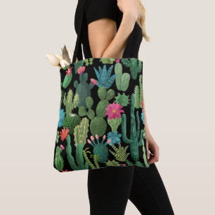 Tote Bag Motif de cactus Turquoises verts en fleurs