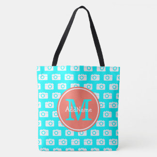 Tote Bag Motif de caméra Monogram Aqua avec nom personnalis