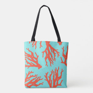 Tote Bag Motif de corail de plage tropical, Turquoise rouge