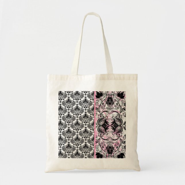 Tote Bag Motif de Damas Floral rose et blanc noir (Devant)