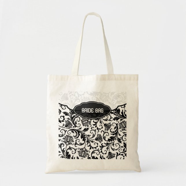 Tote Bag Motif de Damas florales noir et blanc - Monogramme (Devant)