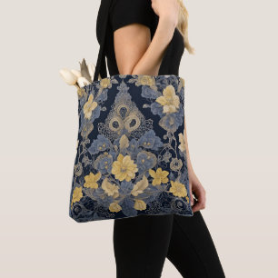 Tote Bag Motif de dentelle florale chic jaune et bleu