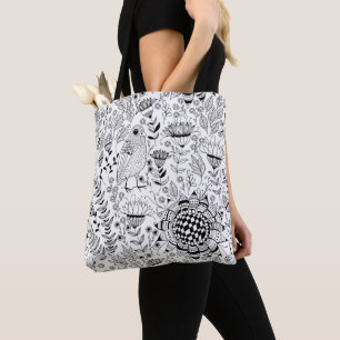 Tote Bag Motif de doodle d'oiseaux et de fleurs