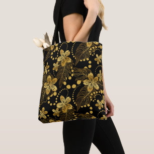 Tote Bag Motif de feuilles et fleurs tropicales noir et or