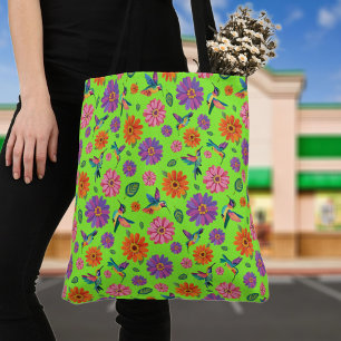 Tote Bag Motif de fleurs et colibris Zinnia colorés