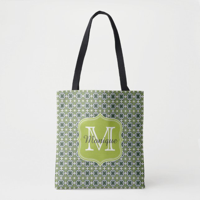 Tote Bag Motif de fleurs vertes Monogrammes (Devant)